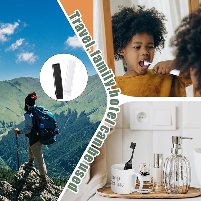 Patelai 2 Pieces Travel Toothbrush Set, Soft Bristle Mini Foldable Tooth Brush with Case, Individually Wrapped Small Portable Travel Size Toiletries Stuff for Camping (Black and White)