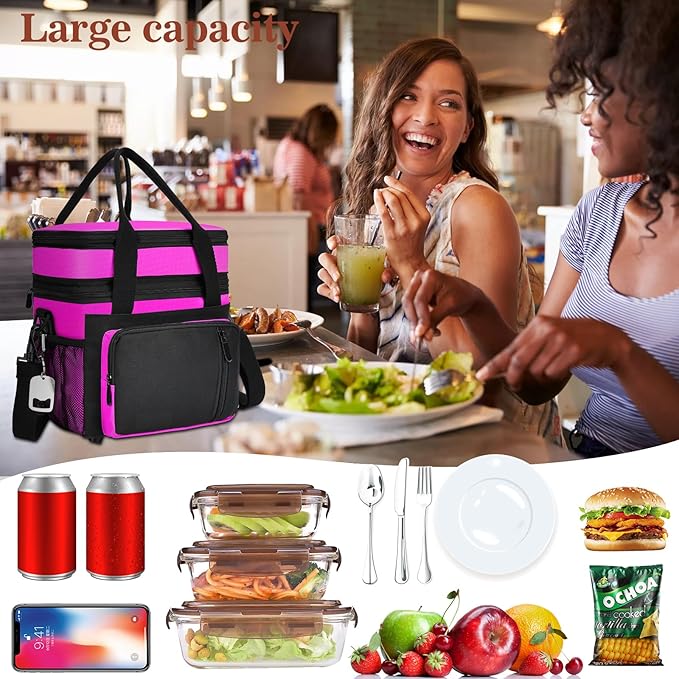Insulated Lunch Bag Women | Large Adult Lunch Box | Double-Layer Reusable Lunch Bags | Leak-Proof Tote Cooler Bag for Work Picnic Outdoors | 16L, Hot Pink