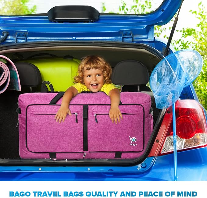 Bago Large Foldable Duffel Bags for Traveling Women & Men - 120L Packable Duffle Bag for Travel with Shoe Compartment - Water Repellant, Heavy Duty, Lightweight Folding & Collapsible (SnowPink)