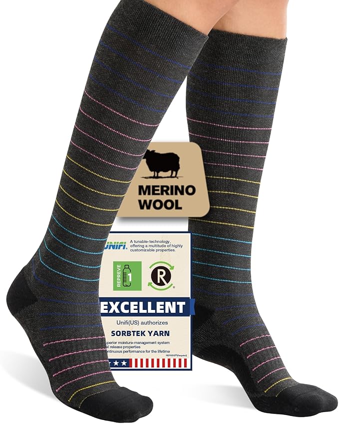 Merino Wool Compression Socks for Women Men, 15-20 mmHg Knee High Socks for Flying, Travel, Running
