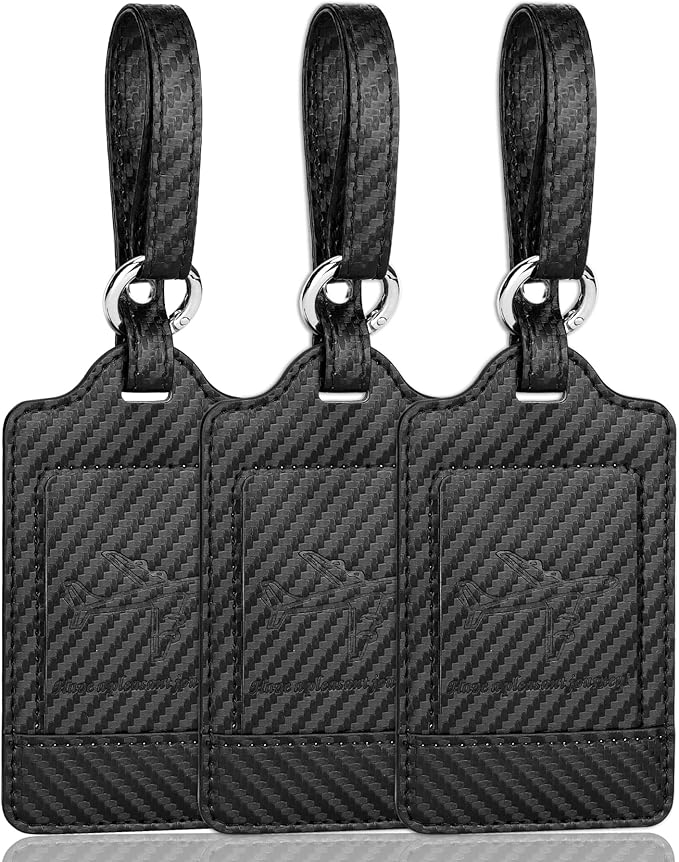 Teskyer Luggage Tags, 3 Pack Premium PU Leather Luggage Tags for Suitcases, Privacy Protection Travel Bag Tags, Carbon Fiber Black