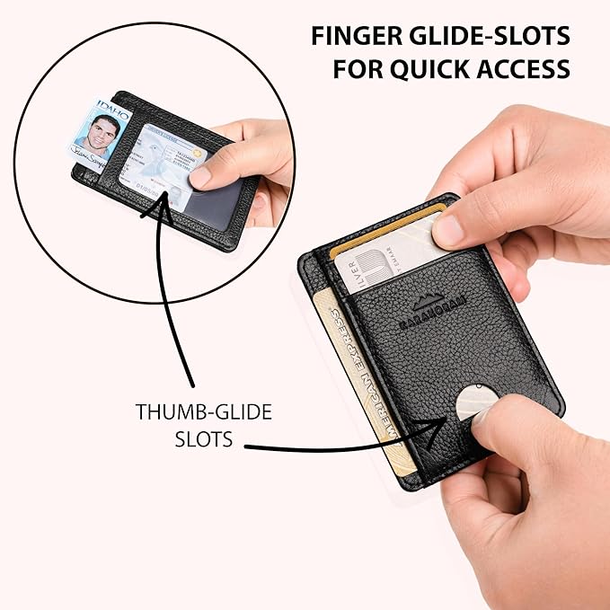KARAKORAM Vertical Handcrafted Premium Leather Front Pocket Credit Card Holder with RIFD Protection | Artisan Made Slim Leather Wallet | Finger Glide Slots for Cards and ID (Jet Black)