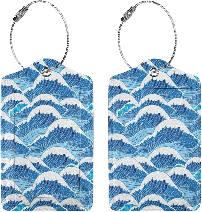 2PC Cartoon Waves Luggage Tag, Cute Blue Sublimation Printed Travel Suitcase Baggage Identifiers Tags for Women Men Kids Honeymoon Wedding Gift