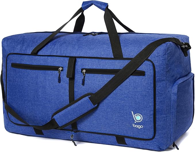 Bago Foldable Duffel Bags for Traveling Women & Men - 60L Medium Packable Duffle Bag for Travel with Shoe Compartment - Water Repellant, Heavy Duty, Lightweight Folding & Collapsible (SnowDepBlue)