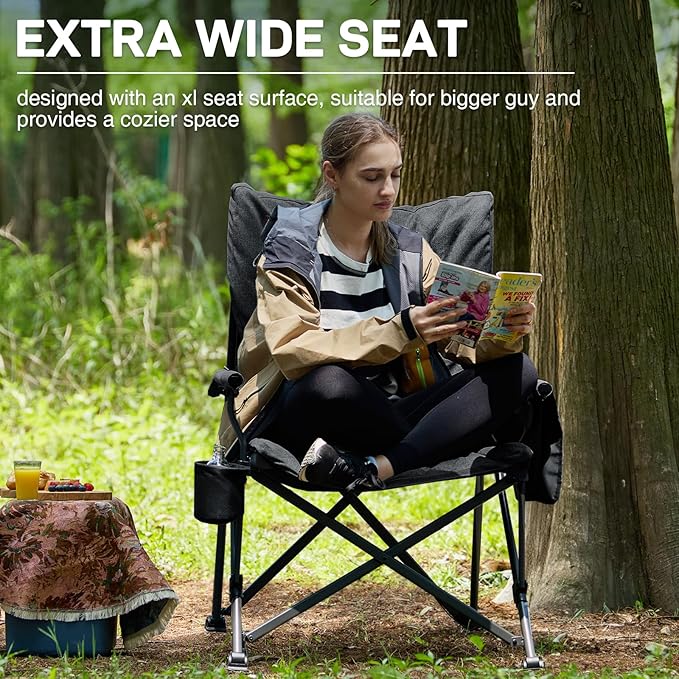 EVER ADVANCED Padded Oversized Folding Camping Chair for Adults, Heavy Duty Lawn Chair with Side Pockets, Portable Collapsible Quad Chair for Outside, Support Up to 500lbs, Black