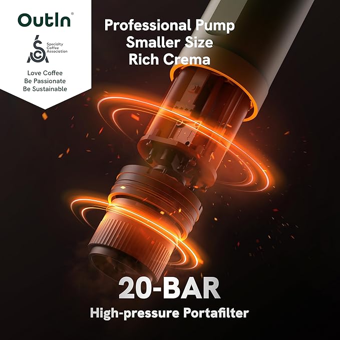 OutIn Nano Portable Electric Espresso Machine, Travel Coffee Maker for Camping, Car Coffee Maker Self-Heating with USB-C, With Ground Coffee & NS Capsule for RV, Hiking, Office