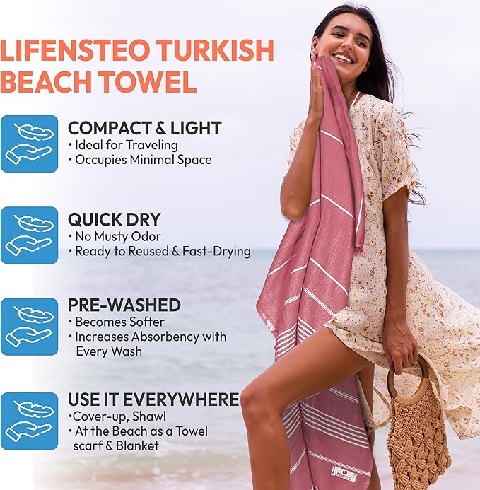 Oversized Sand Resistant Prewashed Turkish Cotton Quick Drying, Compact, Lightweight Beach, Bath, Pool, Gym, Yoga Towel - 40x71 inch