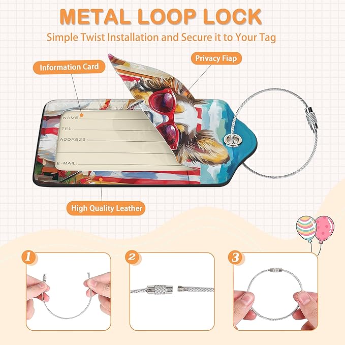 Funny Dog Summer 3 Pack PU Leahter Luggage Tag with Stainless Steel Loop, Cool Dog at The Beach Travel Suitcase Labels with Privacy Cover ID Label Quickly Spot for Bags