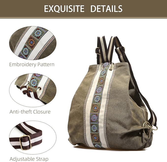 Goodhan Women Canvas Backpack Daypack Casual Shoulder Bag, Vintage Heavy-duty Anti-theft Travel Backpack