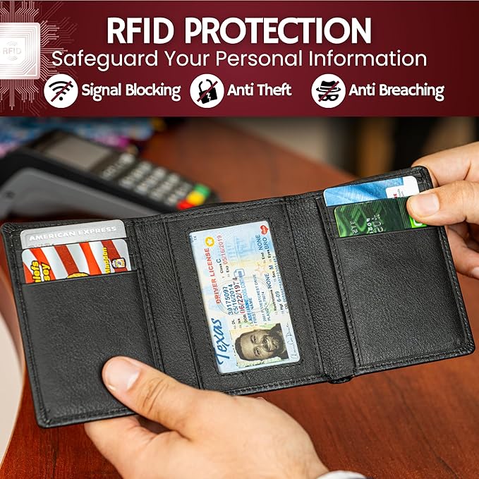 BULL GUARD Mens RFID Wallet, Black Top Grain Genuine Leather, ID and Secret Pocket, Trifold for Work, Sport, Outdoors