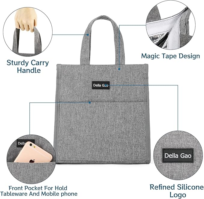 Della Gao Insulated Lunch Bag for Women Men, Waterproof Small Lunch Tote Lunch Box, Reusable Lunch Bags for Work, Party, Travel and Picnic (Gray)