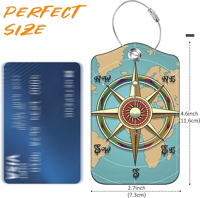 Nautical Compass Retro World Map Luggage Tag for Suitcase 2 Pack Leather Luggage Tag with Privacy Flap Name ID Label and Metal Loop for Women Men Travel