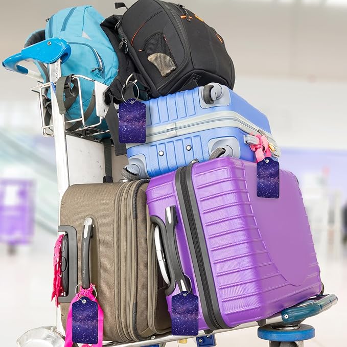 2Pack Luggage Tags for Suitcases, Cute Unique Pu Leather Cruise Luggage Tag with Privacy Cover ID Label Address Card and Metal Ring Suitable for Women Men Kids Travel Bag Purple Starry Sky