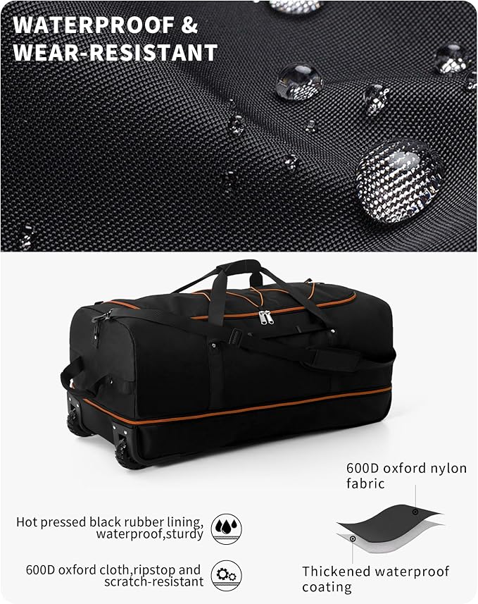 CONTAIL 32”110L Expandable 140L Rolling Duffle Bag with 2 Inline Wheels,Convertible Weekend Travel Bag with Bungee-Cord System,Black-orange