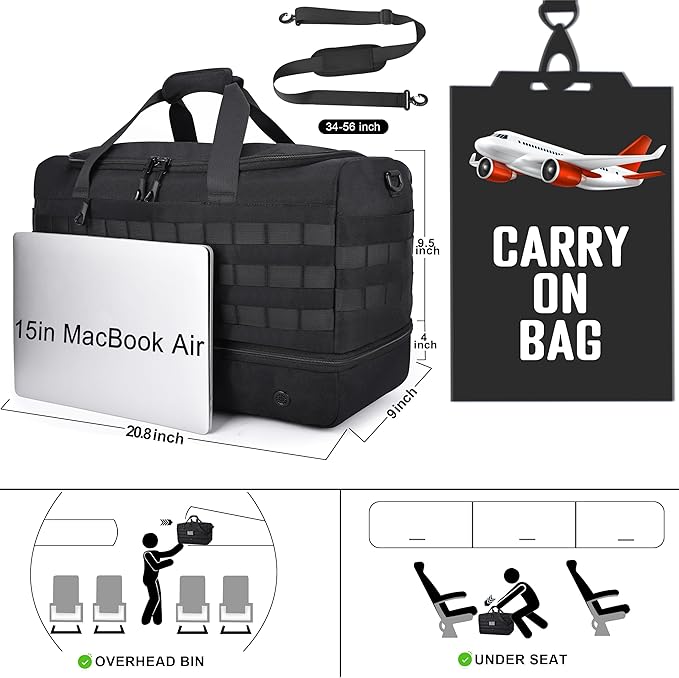 MOZETO Mens Travel Duffel Bag with Compartments, Tactical Inspired GYM Work Police Duty Law Enforcement Carry-on Bag with YKK Zippers Anti-Theft RFID Blocking Wet-Dry Separated Compartment