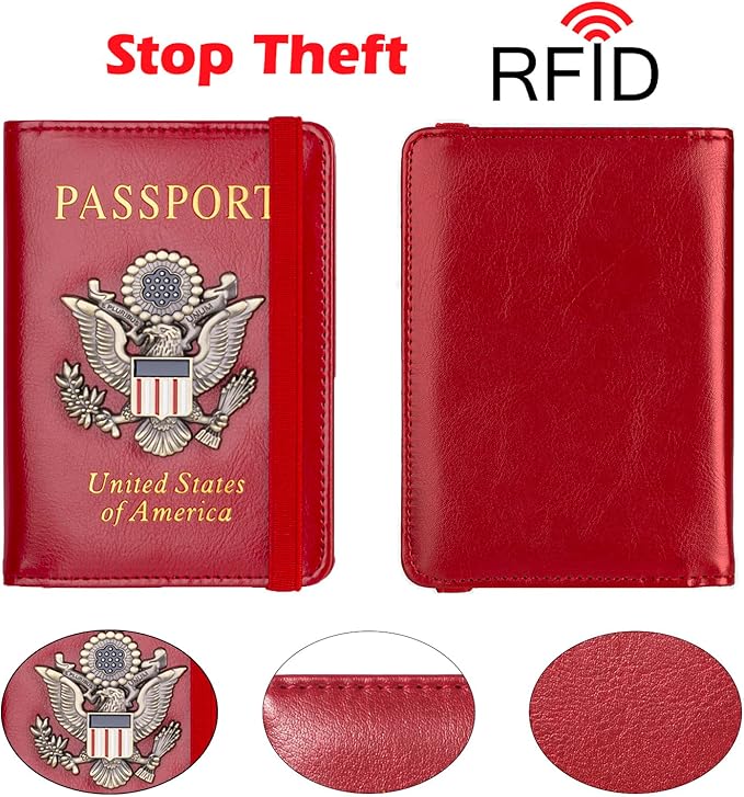 Passport Holder for Travel Passport Cover for Men Passport Wallet Case with Metal 3D Metal Badge Protector Leather Card Case RFID Blocking Women Travel Accessories Document Organizer (Red)