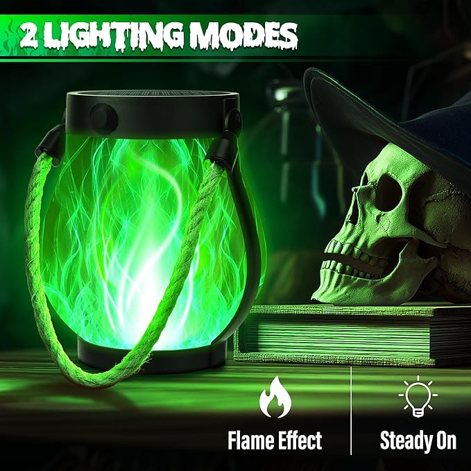 Halloween Solar Flame Lantern Hanging Outdoor Waterproof Purple - 2 Pack Flame Lanterns with Dual Charging Modes of Solar & USB for Garden or Yard Halloween Decorations (Green - 2 Pack)