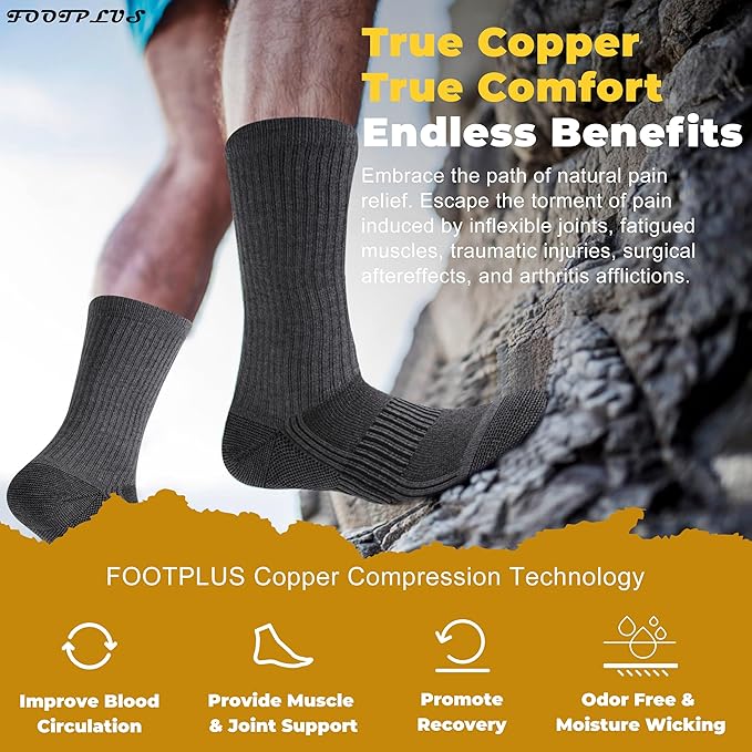 FOOTPLUS Hiking Copper Compression Socks,Unisex Cushioned Sole Arch Support Athletic Crew Running Socks