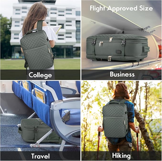 MOMUVO Large Travel Backpack Women, Flight Approved Carry On Backpack, Water Resistant Anti-Theft Large Casual Daypack Fit 17 Inch Laptop with USB Charging Port, Olive Green