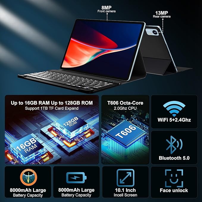Android 14 Tablet with Keyboard，16GB RAM 128GB ROM 1TB Expand, 8000mAh Battery, 10.1 inch Tablet with 13MP+8MP Camera/Bluetooth/GPS/WiFi/HD Display (Light Blue)