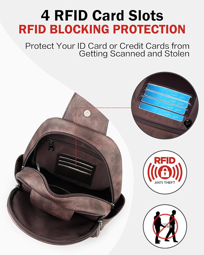 FADEON Large Sling Bag for Women, Leather Crossbody Purse Designer Anti Theft Sling Backpack, RFID Fanny Packs for Travel