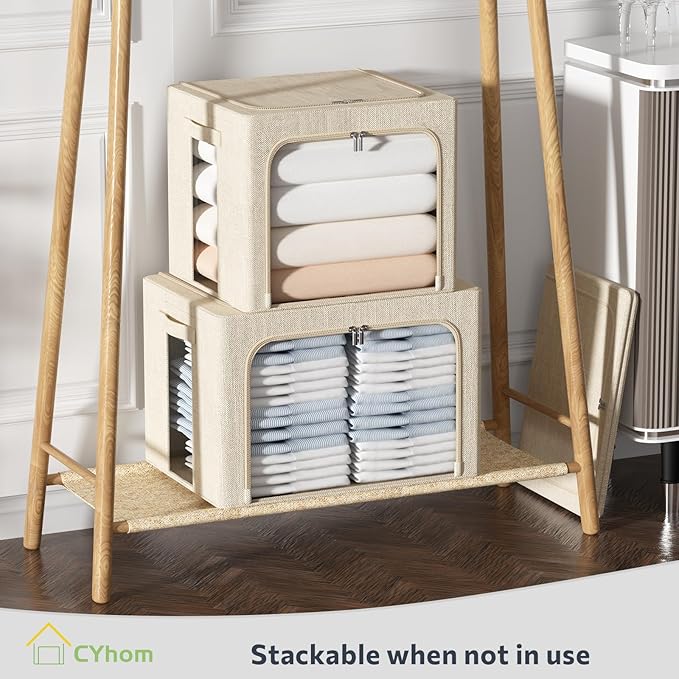 4 Pack Clothes Storage Bins with Metal Frame - Linen Fabric Foldable Stackable Container Organizer Set with Clear Window & Carry Handles & Zippers (Beige, 19.7"x15.7"x13")