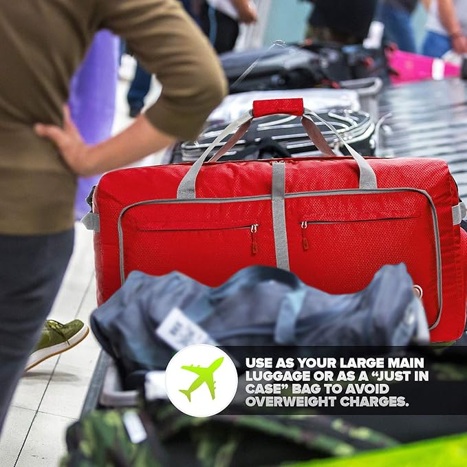 Bago Foldable Duffel Bags for Traveling Women & Men - 60L Medium Packable Duffle Bag for Travel with Shoe Compartment - Water Repellant, Heavy Duty, Lightweight Folding & Collapsible (Red)