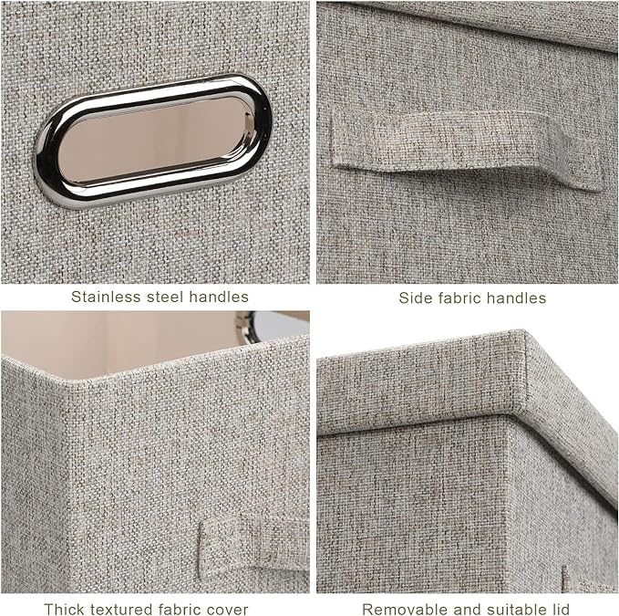Medium 15" 21 Quart Collapsible Stackable Storage Bins with Lids, 5 Packs Beige Foldable Fabric Closet Boxes Heavy-duty Linen Cube Baskets Container for Bedroom Office (15 x 11 x 8)