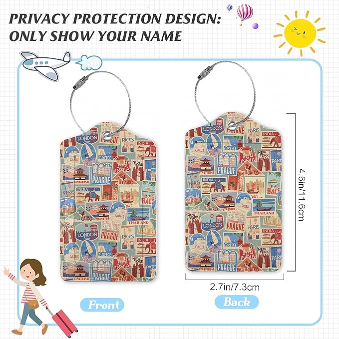 3 Pack Luggage Tag for Suitcase,Travel Stamp Leather Luggage Tags with Privacy Cover Name ID Label Identifiers Travel Bag Tags for Women Men Boys Girls