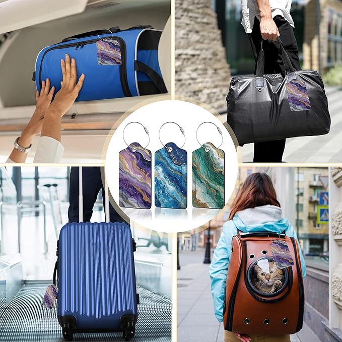 3 Pack PU Leahter Abstract Marble Liquild Luggage Tag with Stainless Steel Loop,Colorful Travel Suitcase Labels with Privacy Cover ID Label Quickly Spot for Bags