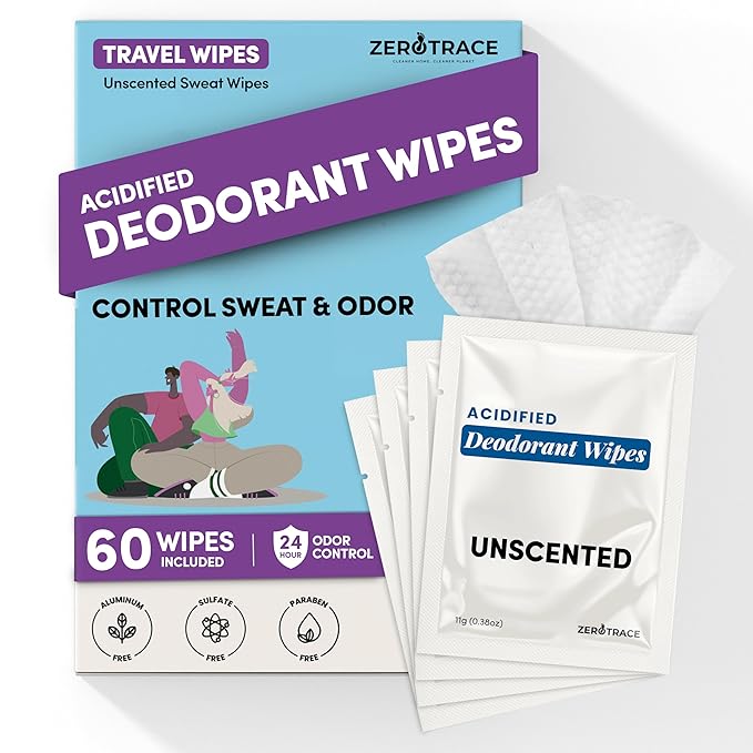 Zero Trace Travel Deodorant Wipes - 60 Count- 24 Hour Odor Control - Aluminum Free Hypoallergenic Deodorant For Women and Men - Individually Wrapped Underarm & Body Wipes - Uscented Bare Fresh