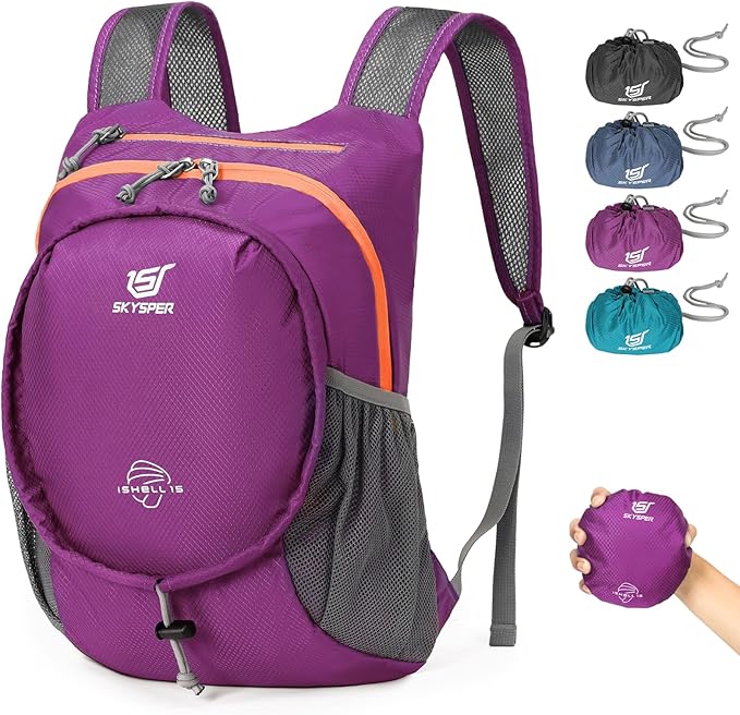 SKYSPER 15L Lightweight Small Hiking Backpack for Women Men, Foldable Travel Daypack, Packable Camping Backpack Mini Outdoor Hiking Bag (Purple)