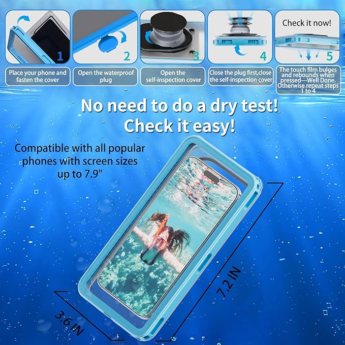 Waterproof Phone Pouch 7.5'',IPX8 Waterproof Floating Phone Case/Bag with Lanyard for Snorkeling with Unterwater Touch/Photo for iPhone 16/15/14/13 Pro Max Samsung Galaxy S25 Ultra-Blue