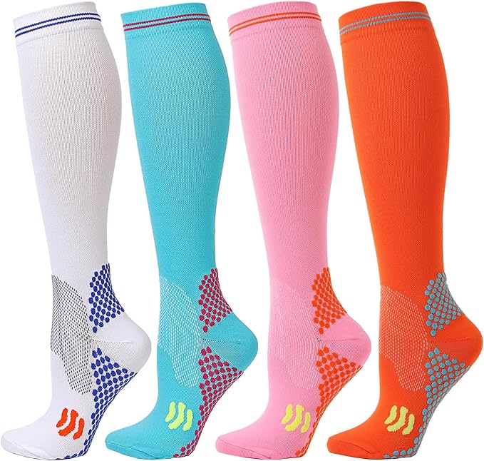 Kickticks 4 Pairs Compression Socks for Woman & Man Unisex 20-30mmHg Knee high Plus Size Wide Calves for Flying Running…