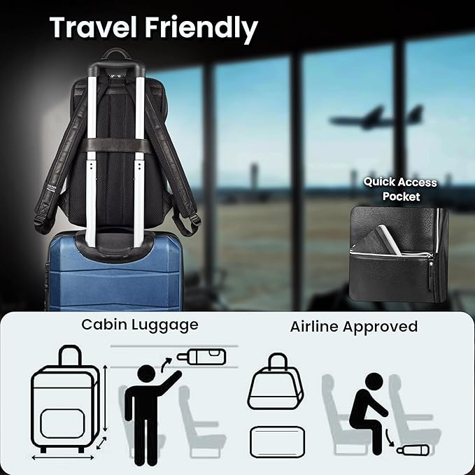LEATHER VILLAGE Leather Laptop Backpack for Men |Black | Slim Professional Business Bag Fits 15.6”-Laptop | Water-Repellent Work & Travel Daypack with Trolley Strap