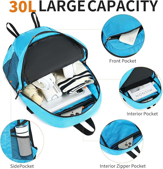 Large Hiking Daypack,30L Waterproof Hiking Backpack Packable Lightweight Travel Day Pack for Women Men (Blue, Large)