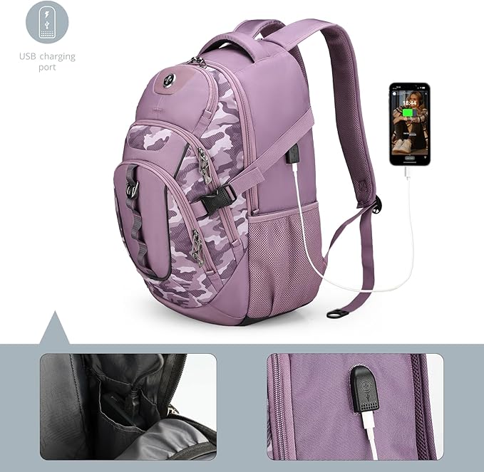 Swissdigital Design Laptop Backpack with USB Charging Port, Travel Backpack Fits 15.6 inches Computer, 31L College School Backpack for Men, Pink Camo | SD803