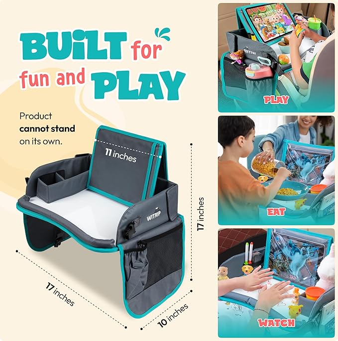 Kids Travel Tray with Dry Erase Board - Car Seat Tray for Kids Travel, Carseat Table Top for Toddler, Lap Desk for Car Seat, Activity Organizer & Snack Holder, Road Trip Essentials for Kid (Aqua)
