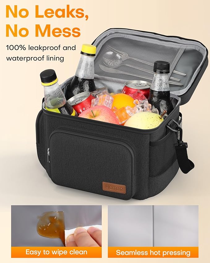 HOTOR Lunch Box for Men and Women - Leak-Proof Insulated Lunch Cooler Bag with Adjustable Strap, Multiple Pockets for Office, Picnic, Hiking, Beach, 1 Layer, 18L, Black, 13.4" x 9.1" x 10.0"