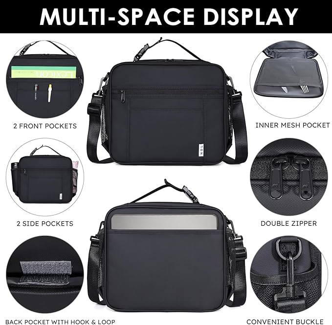 NOL Kids Lunch Bag - Kids 3+ Reusable Insulated Lunch Box with Zipper Closure Buckle Handle Adjustable Long Shoulder Strap, Easy-Clean Waterproof Fabric, Children Lunch Tote Bag for School-Black