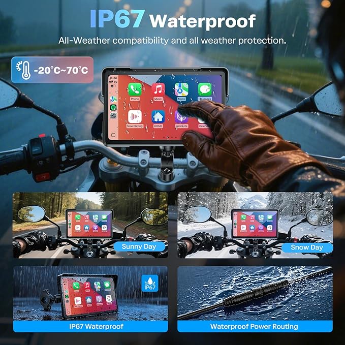 WonVon 7 Inch Wireless Motorcycle Carplay GPS Navigation System with Apple Carplay and Android Auto Portable Screen with Dual Bluetooth, Navigation, Siri, Google Assistant