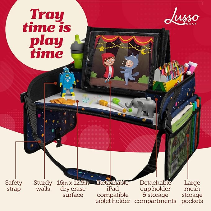 Lusso Gear Car Seat Activity Tray - 600D Oxford Cloth, Planets - Toddler Lap Tray for Kids with Tablet Holder, Dry Erase Top, Mesh Pockets & Cup Holder - Travel Accessories & Airplane Seat Organizer