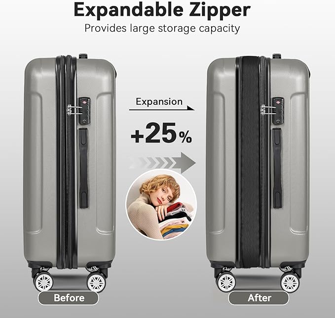 FOCHIER F Luggage Sets, Expandable 3 piece Hard Shell Luggage Set with TSA Lock, PC+ABS Hardside Travel Suitcase with Wheels for Women Men 20 24 28 Inch (Grey)