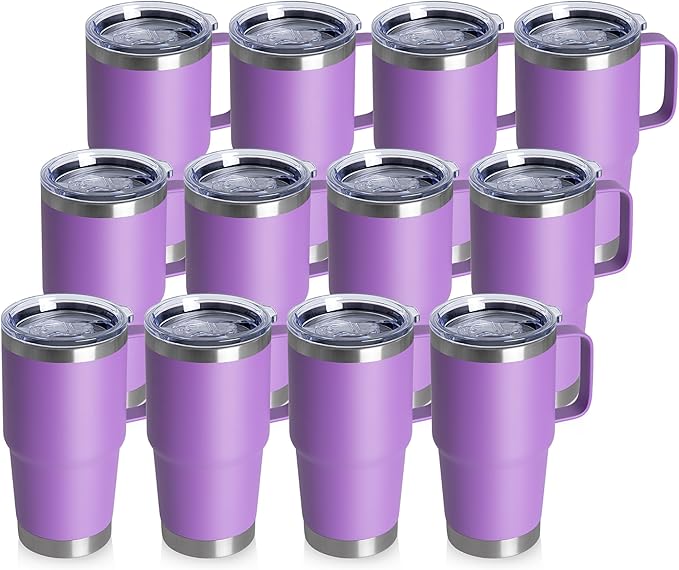 HASLE OUTFITTERS 20oz Tumbler Bulk with Lid, Stainless Steel Tumbler Bulk with Handle, Metal Insulated Travel Coffee Mug Set with Handle, Double Wall Vacuum Leak Proof Tumbler Cup, Purple 12 Pack
