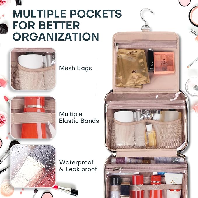 Hanging Toiletry Bag for Women Travel, 2 Sizes Large & Small Waterproof Cosmetic Organizer with 4 Compartments, Rotating Hook, Foldable Pink Travel Bag for Toiletries & Makeup, Large Lake Blue