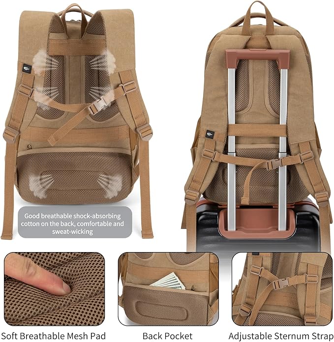 Tzowla Vintage Canvas Laptop Backpack for Men and Women,College Travel Work Rucksack with USB/Type-C Charging Port,Lightweight Bookbag Hiking Casual Daypack Backpacks Fit 15.6 Inch Notebook(Khaki)