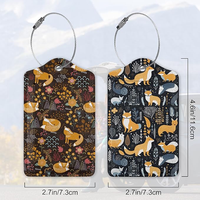 Foxes in The Forest 2 Pack Luggage Tag for Suitcase, Cute Unique Leather Bag Tags Identifiers Privacy Cover ID Label with Durable Steel Loop for Women Men Kids Girls Travel