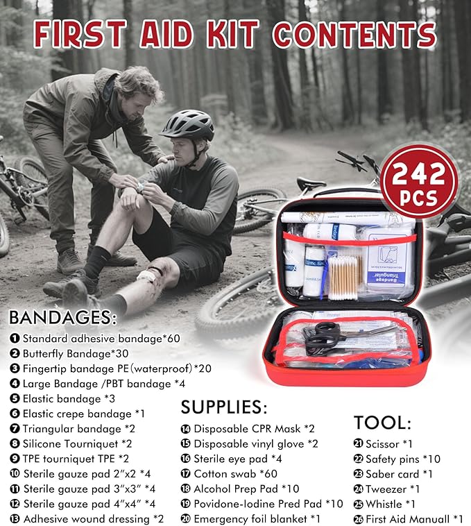 242Pcs Compact First Aid Kit, Waterproof Hard Shell Eva Medical Kits, All-Purpose Portable Trauma First Aid Kit for Boat, Home, Car, Travel, Camping, Hiking and Outdoor Emergencies(Red)