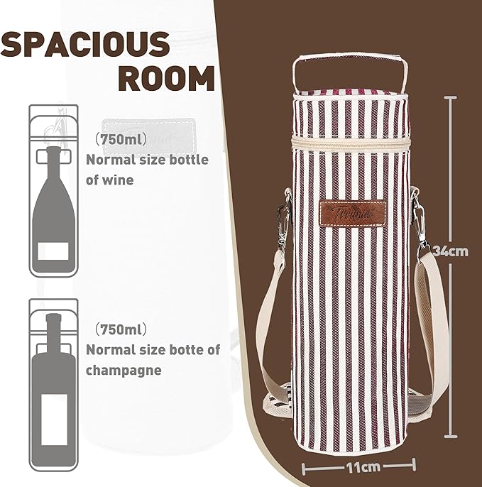 Tirrinia Single Wine Cooler Bags - Insulated & Padded Portable Wine Gift Tote Carrier for Travel, BYOB Restaurant, Wine Tasting, Party, Great Gift for Wine Lover, Wine Stripe