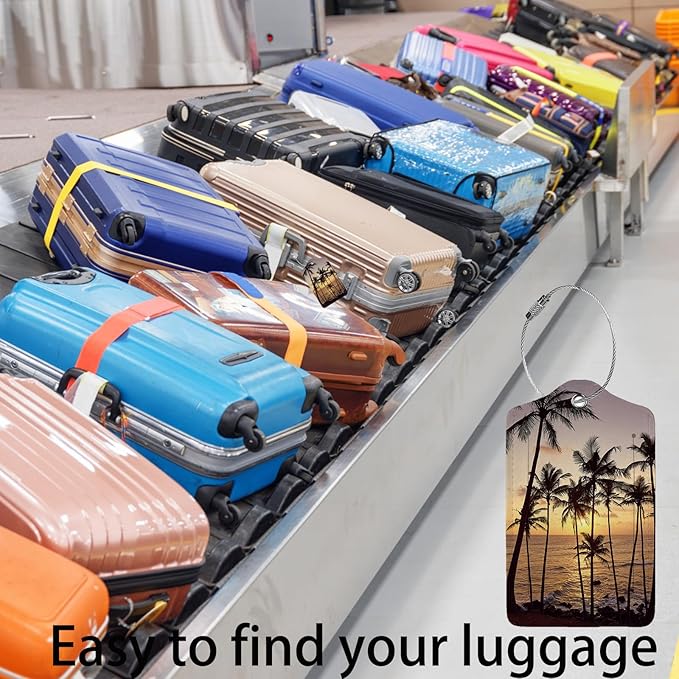 Sunset with Coconut Trees 2 Pack Luggage Tag for Suitcase, Cute Unique Leather Bag Tags Identifiers Privacy Cover ID Label with Steel Loop for Women Men Kids Girls Travel